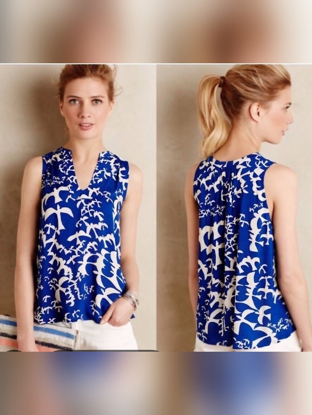 Maeve Rayon Blue and White Printed Sleeveless V-Neck Top